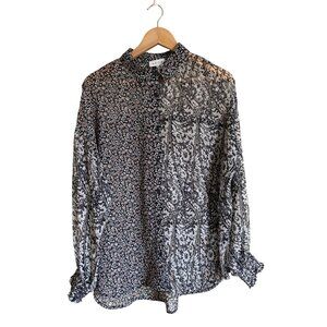 ACOA Size Small Black Floral Sheer Button Front Collared Shirt Bohemian